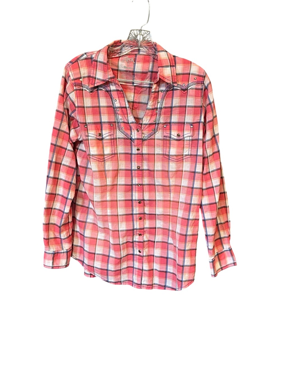 Rock 47 by Wrangler Pink Plaid Studded Embroidered Western Snap Shirt Large